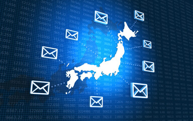 日本地図とメールのネットワーク、デジタル背景