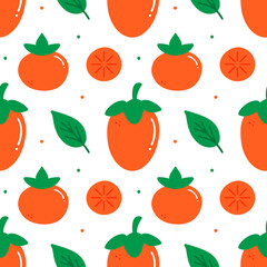 Fresh orange persimmons, green leaves and dots vector seamless pattern background.