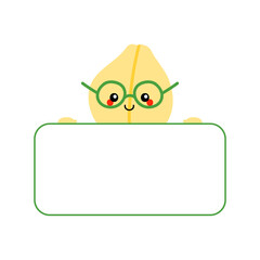 Cute smiling cartoon style chickpeas, chick pea seed character holding in hands blank card, banner.