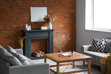 Interior of stylish living room with fireplace