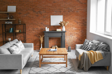Interior of stylish living room with fireplace