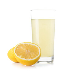 Glass of lemon juice on white background
