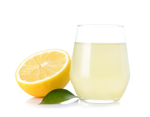 Glass of lemon juice on white background