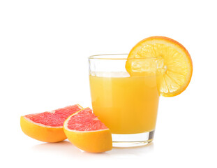 Glass of orange juice on white background