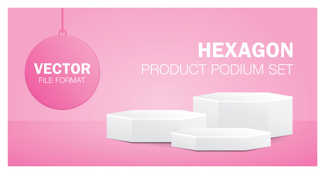 white hexagon product podium set 3d illustration vector on pastel pink background for putting your object.