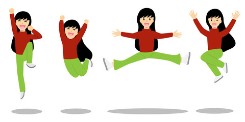 Set of happy women high jumping. All of these girls are smiling,joy,winking and laughing. Several poses of children having happy moment cartoon vector