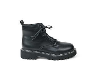 Military style leather boot with laces insulated on a white background.