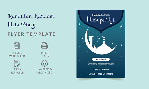 Party Invitation Flyer Design. Ramadan Flyer For After Party And Seminar. Iftar Party Celebration Poster, Banner, Ramadan Flyer.