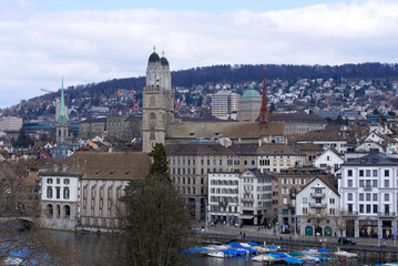 Obraz premium Church great minster (German Grossmünster) at the old town of Zurich. Photo taken April 3rd, 2021, Zurich, Switzerland.