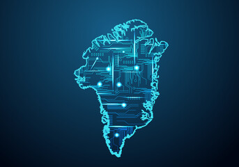 Abstract futuristic map of greenland.Circuit Board Design Electric of the region. Technology background. mash line and point scales on dark with map. © ImagineWorld