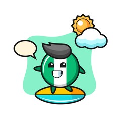 Illustration of nigeria flag badge cartoon do surfing on the beach
