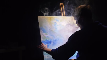 Artist copyist paint seascape with ship in ocean. Vaper smoke vape e-cigarette. Craftsman decorator...