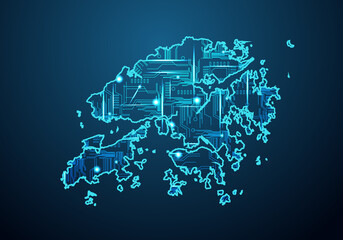 Abstract futuristic map of hong Kong. Circuit Board Design Electric of the region. Technology background. mash line and point scales on dark with map.