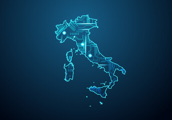 Abstract futuristic map of italy. Circuit Board Design Electric of the region. Technology background. mash line and point scales on dark with map.