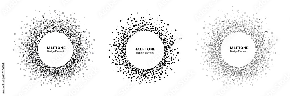 Wall mural random halftone circle dots logo. design element. black and gray colors. splash frame. splatter roun