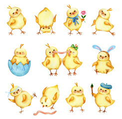 Set of watercolor illustrations of little cute yellow chickens. A large collection of stickers of chicks for the holiday. Easter, religion, traditions. Isolated over white background. Drawn by hand.