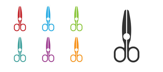 Black Scissors icon isolated on white background. Tailor symbol. Cutting tool sign. Set icons colorful. Vector