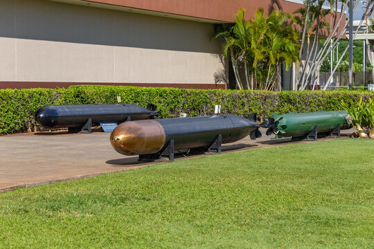 Pearl Harbor, Hawaii, USA - September 23, 2018: World War 2 US Navy torpedos next to the USS Arizona Memorial Visitor Center