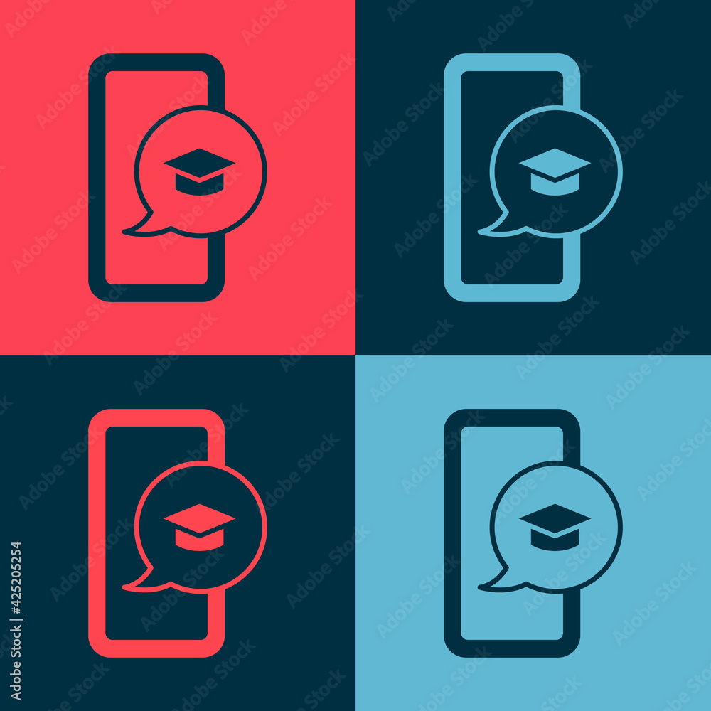Poster pop art graduation cap on screen smartphone icon isolated on color background. online learning or e-