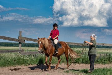 Two young beautiful girls are engaged with a horse in the paddock on the farm in summer.