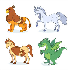 Fantasy characters design collection. Cartoon magic animals set. Griffin, unicorn, dragon, pegasus. 