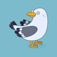 Funny seagull character in cartoon style. Flat kid graphic.