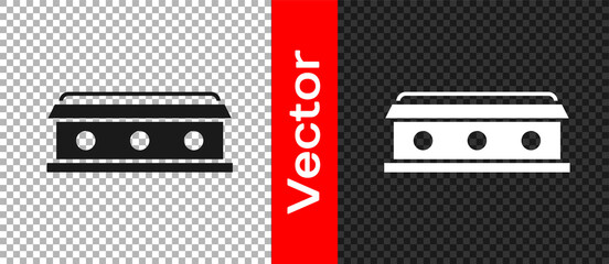 Black Coffin with christian cross icon isolated on transparent background. Happy Halloween party. Vector