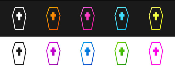 Set Coffin with christian cross icon isolated on black and white background. Happy Halloween party. Vector