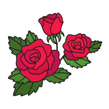 Red rose in cartoon style on white background for tattoo. Isolated vector illustration.