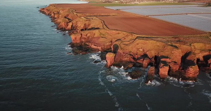 Seaton Cliffs and Caves near Arbroath, Angus Coast, Scotland at sunrise. 4k aerial long view from hover position. Shows cliffs, sea stacks and flat farmland beyond. Golden light on cliffs.