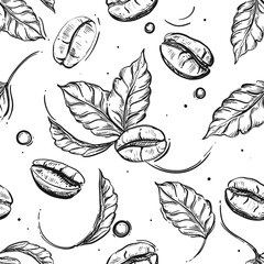 Hand drawn seamless pattern black and white of coffee beans, plant, leaf. Vector illustration. Elements in graphic style label, sticker, menu, package.