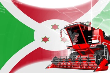 Fototapeta na wymiar Agriculture innovation concept, red advanced rye combine harvester on Burundi flag - digital industrial 3D illustration
