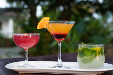variety of cocktails at sunset light with green leaves background 