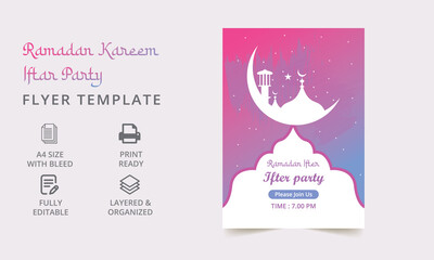 Ramadan flyer, poster for the after-party, and seminar. Ramadan poster, banner, flyer. Vector illustration. Iftar party invitation background template vector design.