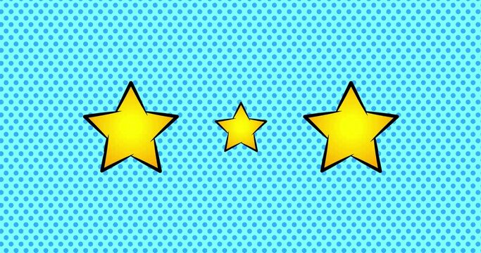 4k animated 5 star rating or review. Survey, poll, questionnaire or customer satisfaction research on blue background. Giving positive feedback with five stars. Comic book style motion graphic.