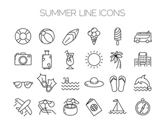 Summer line icons isolated on white. Set of sea holidays vector icons. 