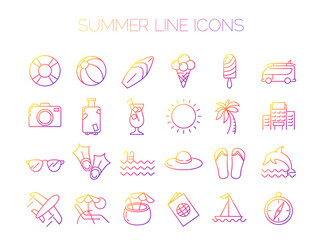 Summer line icons isolated on white. Set of sea holidays vector icons with gradient.