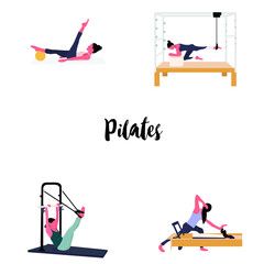 A set of pilates - women doing pilates with equipment