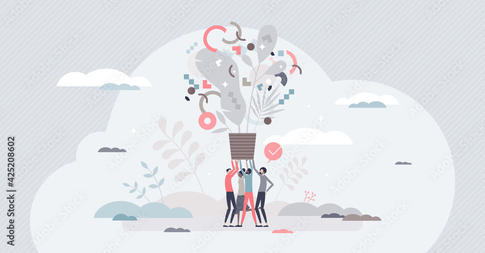 Wall mural Public contribution as crowd financial support for common goal tiny person concept. Money investment in innovative idea for all society vector illustration. Economical teamwork with payments raise.