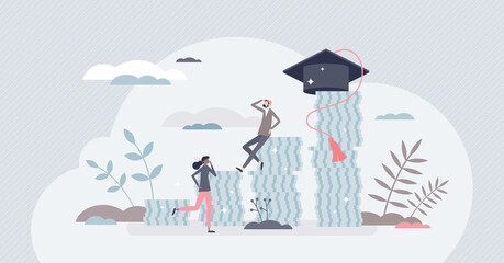 Student debt and expensive tuition problem for education tiny person concept. University and college graduation cost price as pile of money vector illustration. Financial struggle for study payment.
