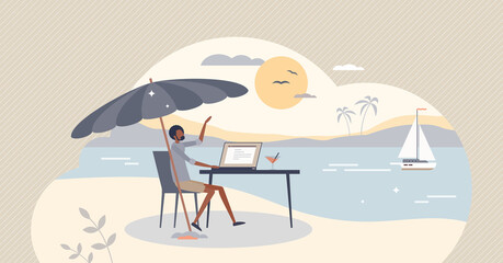 Workcation, work and vacation at remote leisure location tiny person concept. Distant workplace and project management from beach as relax and professional business combination vector illustration.