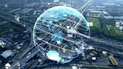 Global connection and internet network modernization in smart city . Concept of future 5G wireless...