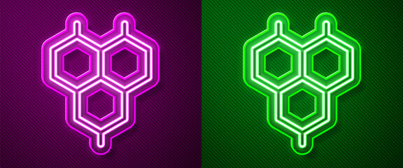 Glowing neon line Chemical formula icon isolated on purple and green background. Abstract hexagon for innovation medicine, health, research and science. Vector