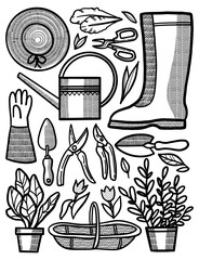 Hand drawing set of images of various garden tools. Vintage ink engraving drawing. Isolated line art objects on white background. Hand drawn clipart.