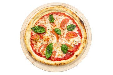 Delicious vegan pizza with mozzarella, tomatoes, mushrooms, served on a wooden plate isolated on a white background. Concept for advertising flyer and poster for restaurants or pizzerias.