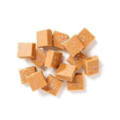 Fresh homemade peanut butter fudge or caramel fudge isolated on white background, top view