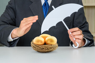 Asset or wealth protection for high net worth individuals, financial concept : Investor holds an umbrella protects golden eggs, depicting a plan to avoid risk and protect asset for sustainable growth