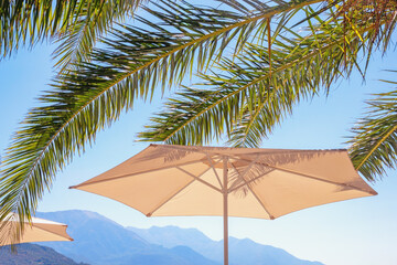 Fototapeta na wymiar Beach vacation concept. Beach umbrella and leaves of palm trees against blue sky and mountains on sunny day. Montenegro