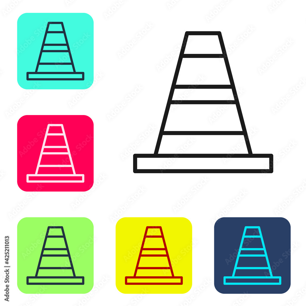 Poster black line traffic cone icon isolated on white background. set icons in color square buttons. vector