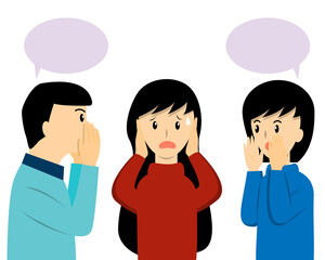 Obraz premium The girl closing her ears from her friends's talking about gossip, rumor, secret or fake news. Woman can not stand to listen whispering from her friends cartoon vector